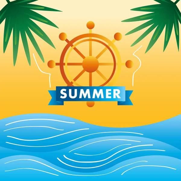 Summer time season lettering with boat rudder in the sea — Stock Vector