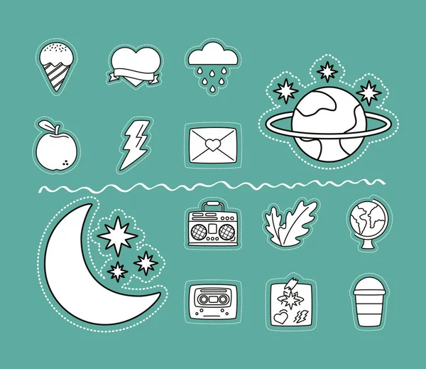Luna y estrellas con pegatinas conjunto iconos de estilo de línea — Archivo Imágenes Vectoriales