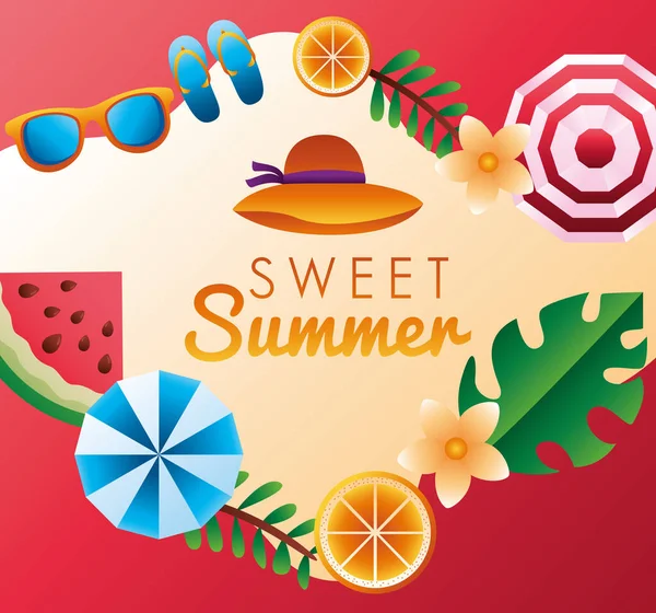 Sweet summer season lettering with set icons — Stock Vector