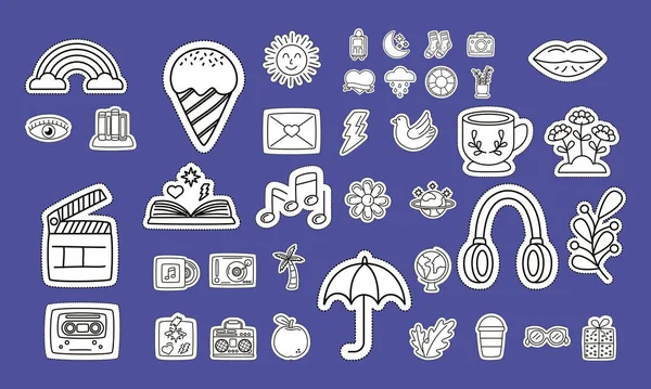 Bundel stickers set pictogrammen in blauwe achtergrond — Stockvector