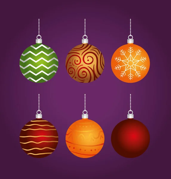 Joyeuse carte de Noël avec des boules de couleurs suspendues — Image vectorielle