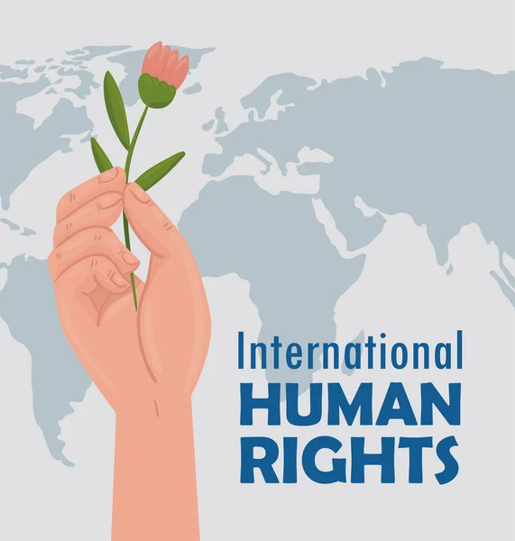 International human rights lettering poster with hand lifting rose — Stock Vector