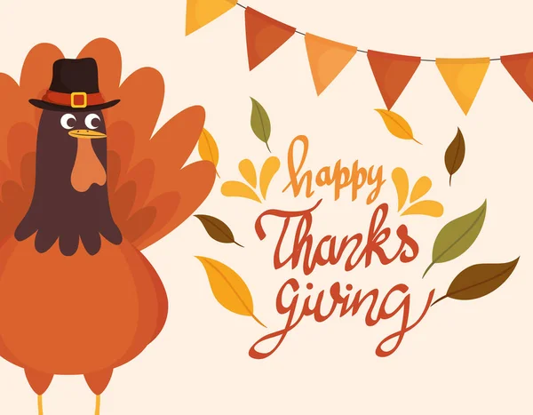 Χαρούμενη κάρτα εορτασμού των Ευχαριστιών με γιρλάντες και γαλοπούλα — Διανυσματικό Αρχείο