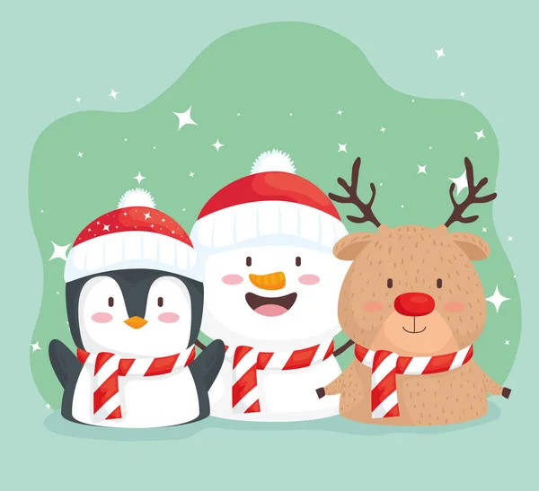 Szczęśliwy Wesołych Świąt bałwan z postaciami pingwina i jelenia — Wektor stockowy
