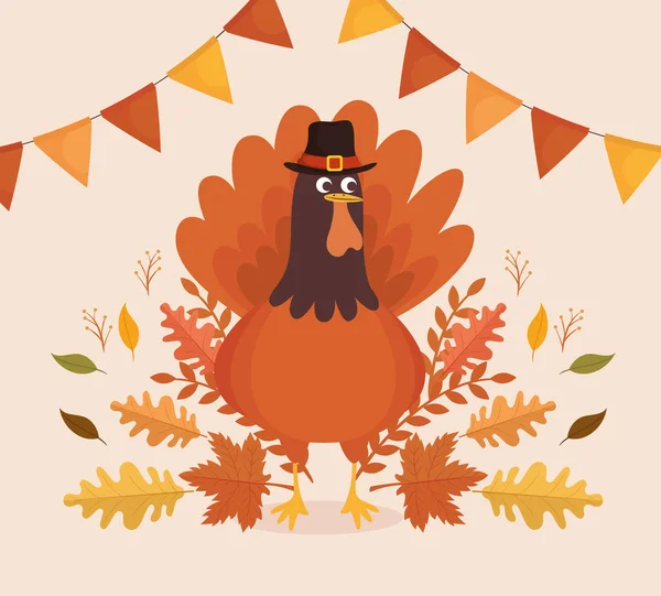 Happy thanksgiving celebration card with turkey and garlands — Stock Vector