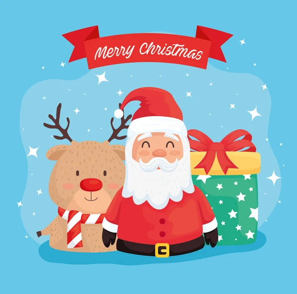 Frohe Weihnachten Weihnachtsmann mit Rentieren und Geschenk — Stockvektor