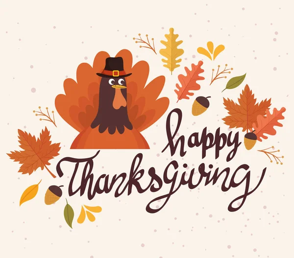 Gelukkige Thanksgiving viering belettering kaart met kalkoen en bladeren — Stockvector