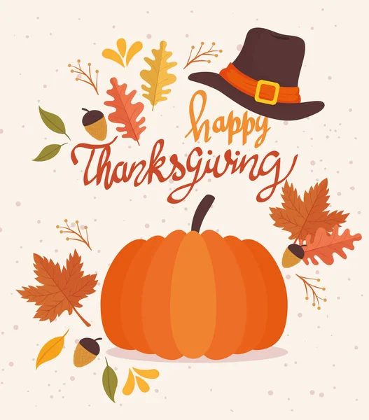 Gelukkige Thanksgiving viering belettering kaart met pelgrim hoed en pompoen — Stockvector