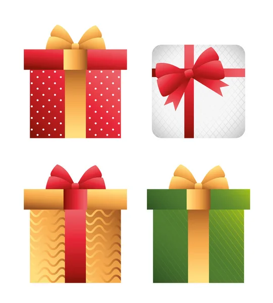 Feliz feliz tarjeta de Navidad con regalos establecidos — Vector de stock