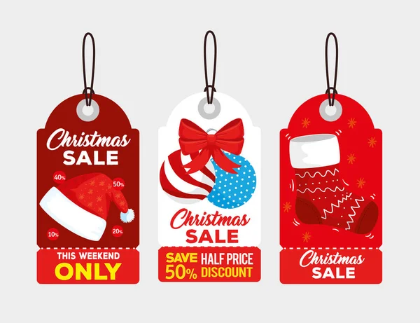 Three happy merry christmas tags hanging — Stock Vector