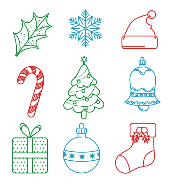 Happy merry christmas card with bundle set icons — Stock Vector