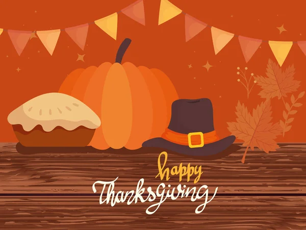 Happy thanksgiving celebration lettering card with pilgrim hat and pie — Stock Vector