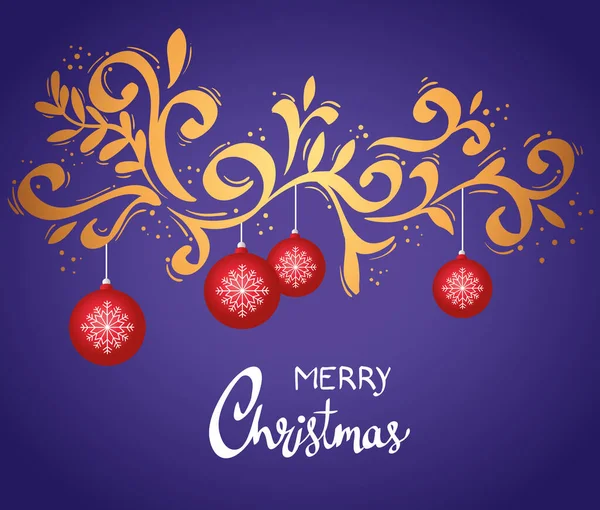 Felice carta lettering Buon Natale con palline rosse appesi — Vettoriale Stock