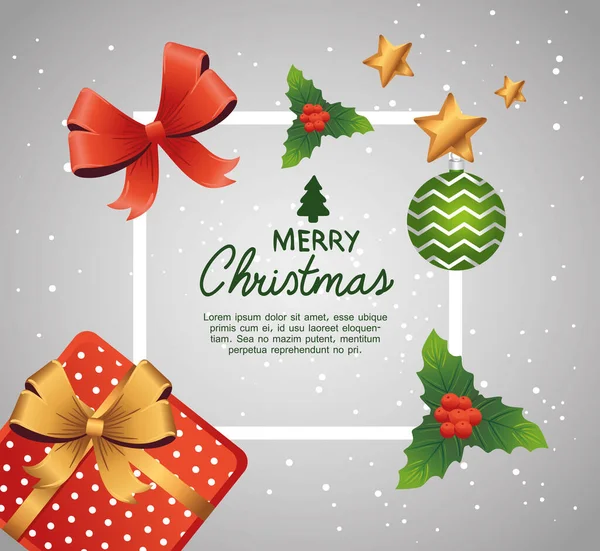 Gelukkig vrolijk kerstfeest belettering kaart met cadeau en decoratieve pictogrammen — Stockvector