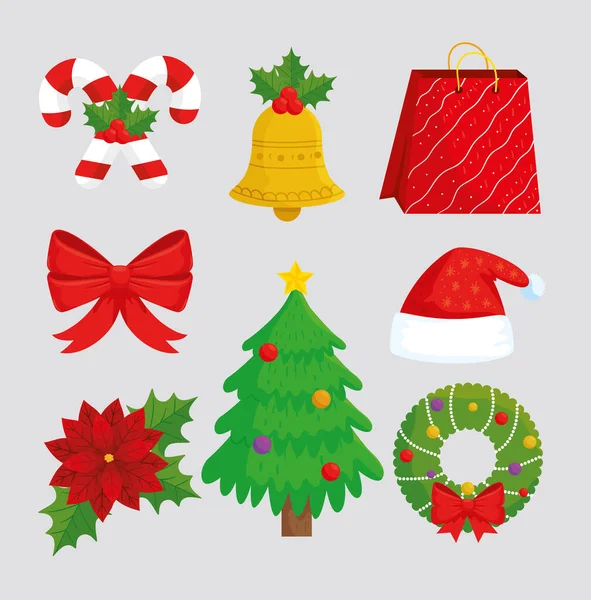 Bundle of eight happy merry christmas set icons — Stock Vector