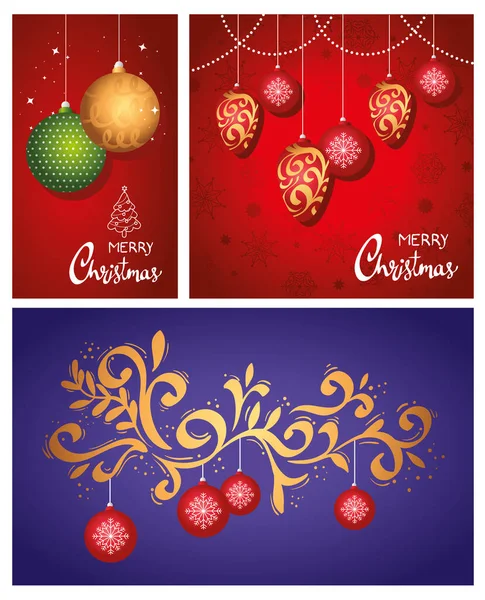 Feliz feliz feliz navidad letras tarjetas con bolas colgando — Vector de stock
