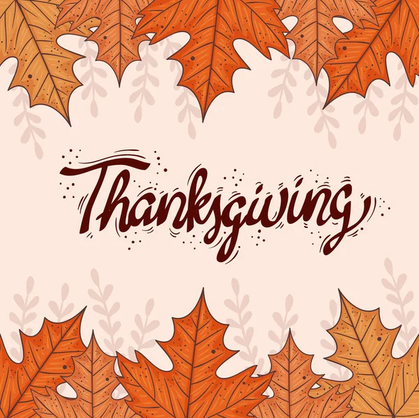Happy thanksgiving viering belettering kaart met herfstbladeren frame — Stockvector