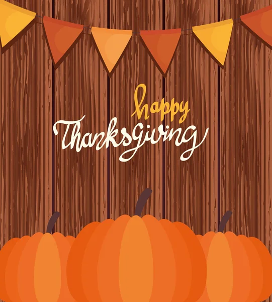Glad Thanksgiving firande bokstäver kort med girlanger och pumpa — Stock vektor