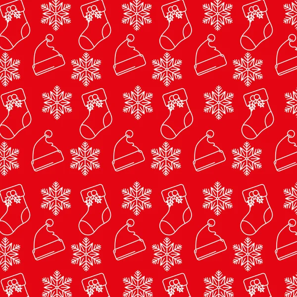 Щаслива весела різдвяна листівка зі сніжинками та капелюхами Санта, візерунок шкарпеток — стоковий вектор