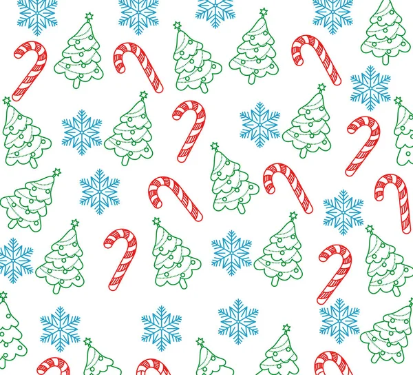 快乐快乐的圣诞贺卡，上面有松树和手杖，还有雪花图案 — 图库矢量图片