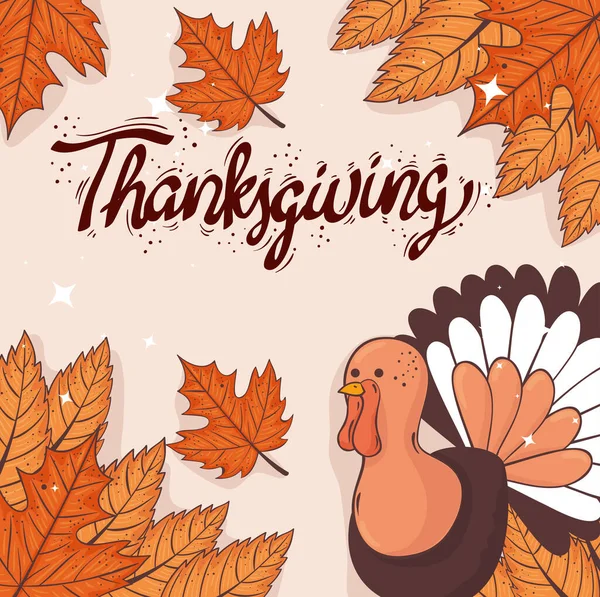 Feliz agradecimento celebração lettering cartão com folhas de outono e peru — Vetor de Stock