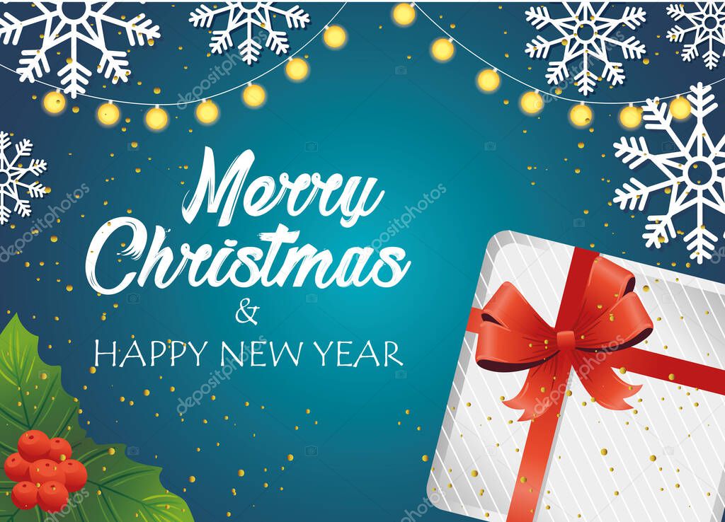 happy merry christmas lettering card with gift and snowflakes