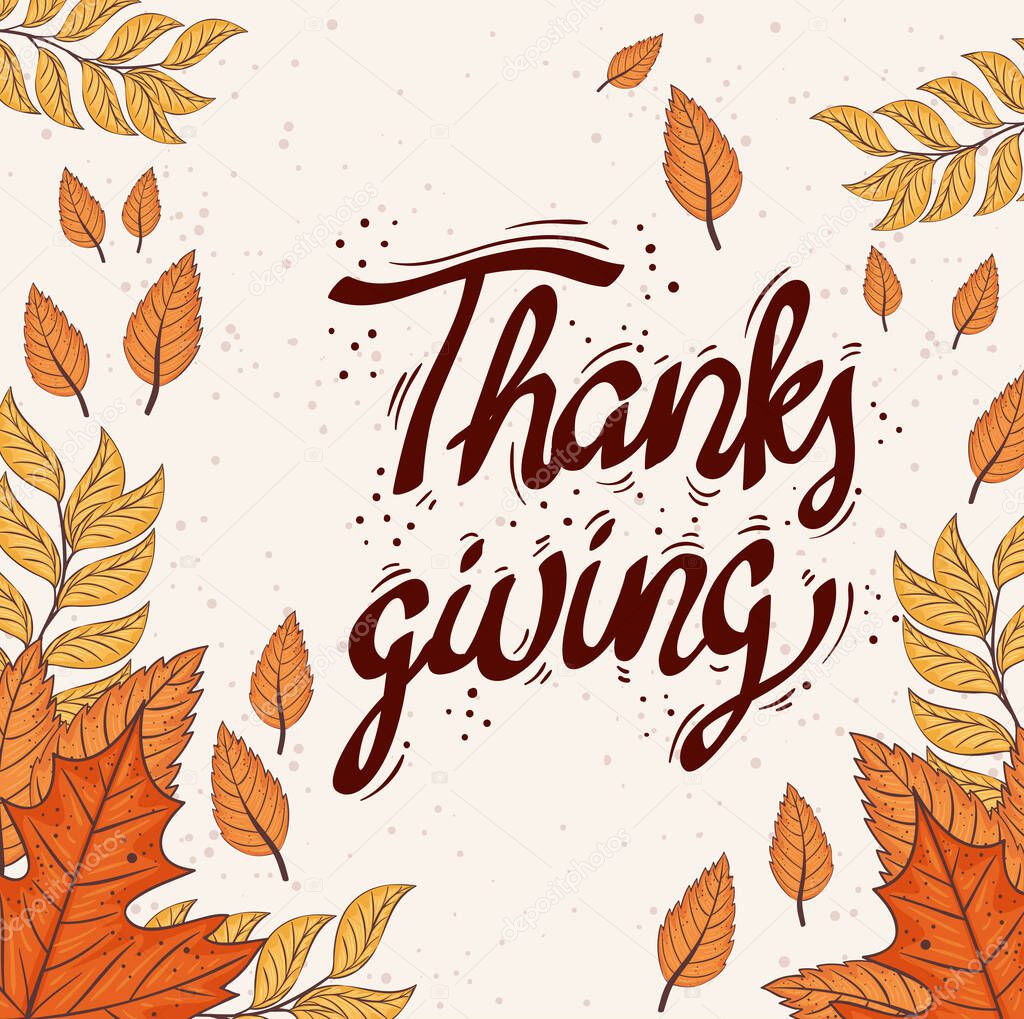 happy thanksgiving celebration lettering card with leafs