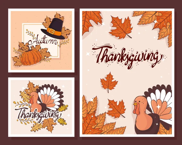 Joyeux Thanksgiving célébration carte de lettrage avec des modèles — Image vectorielle