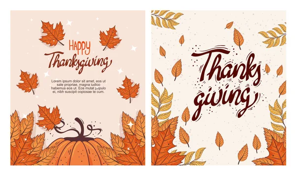 Feliz agradecimento celebração lettering cartão com abóbora e folhas de outono — Vetor de Stock