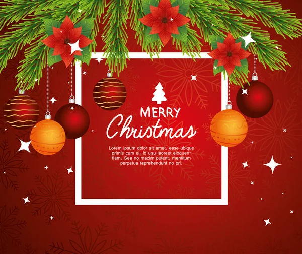 Feliz feliz tarjeta de Navidad con flores y bolas colgando en el marco — Archivo Imágenes Vectoriales
