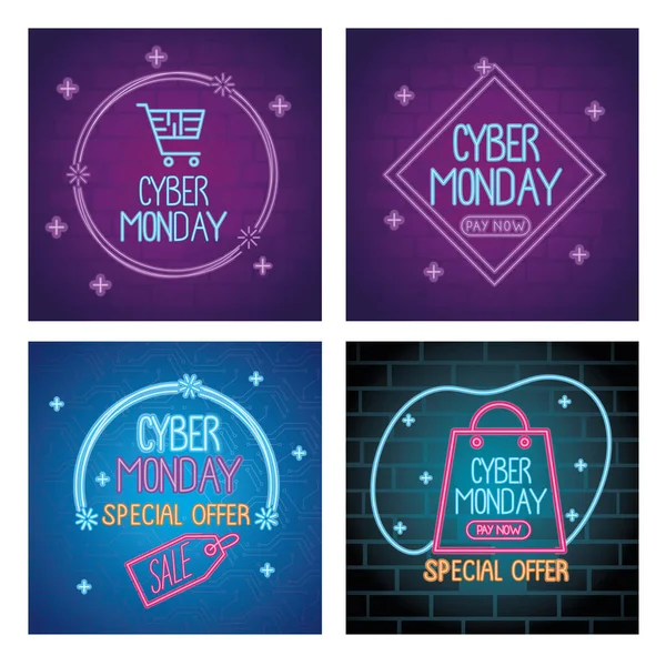 Cyber monday neon letterings in colors templates — Stock Vector