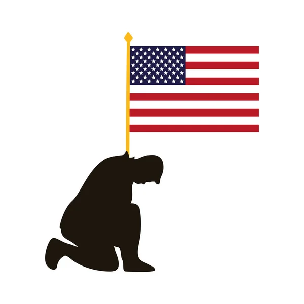 Silueta de oficial militar con bandera de EE.UU. en poste — Vector de stock