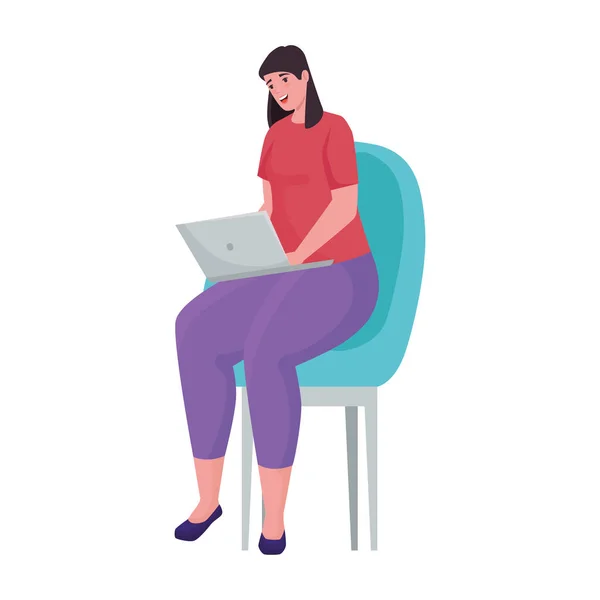 Γυναίκα που χρησιμοποιεί φορητό υπολογιστή για τη συνάντηση σε απευθείας σύνδεση στην καρέκλα — Διανυσματικό Αρχείο
