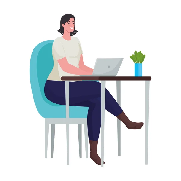 कार्यालय में ऑनलाइन बैठक के लिए लैपटॉप का उपयोग करने वाली महिला — स्टॉक वेक्टर
