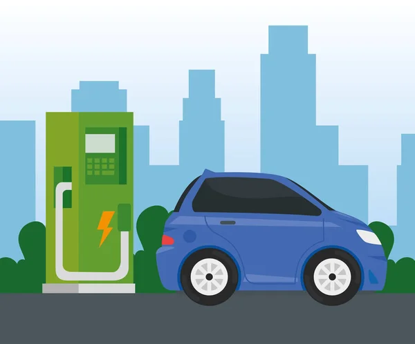 Blauw elektrische auto ecologie alternatief in chargin station — Stockvector