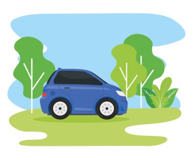 Mavi araç kampta seyahat ediyor.