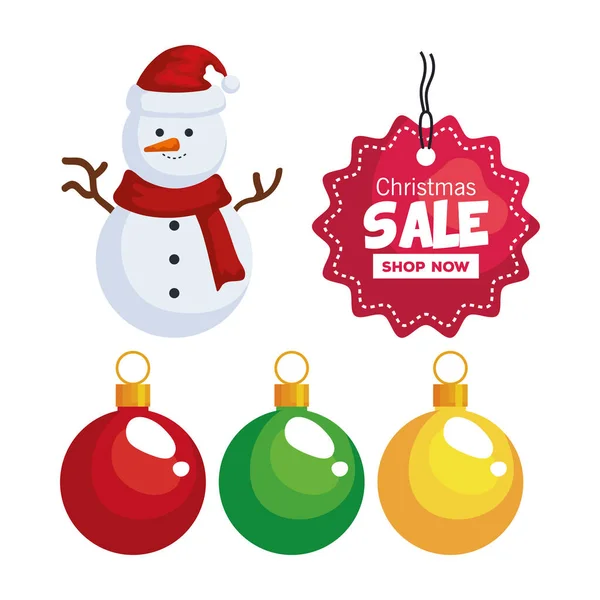 Joyeux Noël offre vente étiquette bonhomme de neige et sphères vectoriel design — Image vectorielle