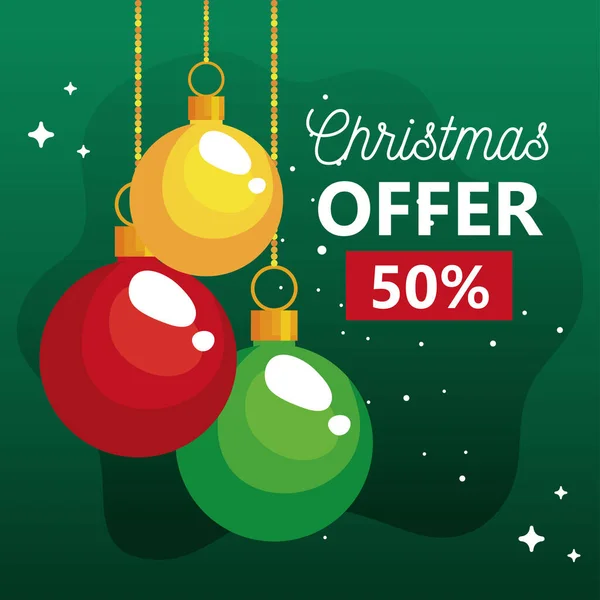 Merry christmas offer sale spheres hanging vector design — Stock Vector