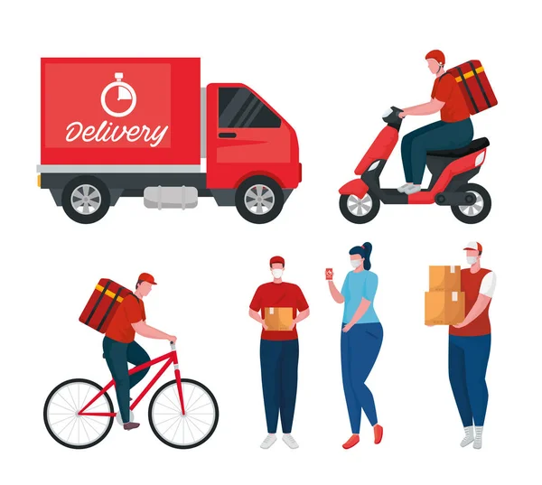 Group of delivery workers wearing medical masks and vehicles — Stock Vector