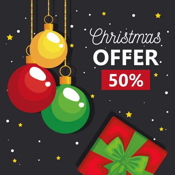 Merry christmas offer sale gift and spheres hanging vector design — Stock Vector