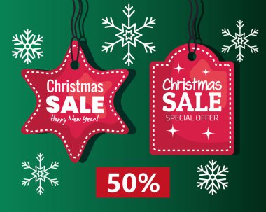 Mutlu noeller kar taneleri vektör tasarımlı satış etiketleri sunar