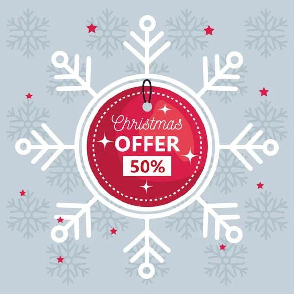 Merry christmas offer sale label in snowflake vector design — Stock Vector
