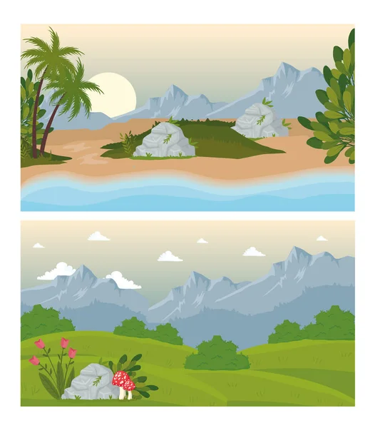 Două peisaje scene cu flori și plajă — Vector de stoc