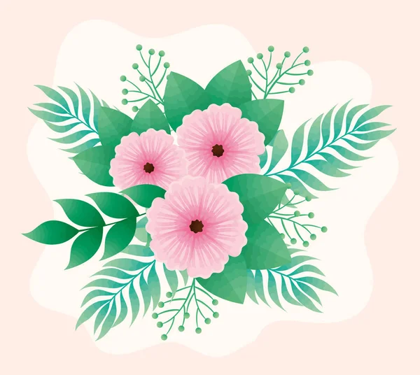 Beautiful flowers pink and leafs decorative — Stock Vector