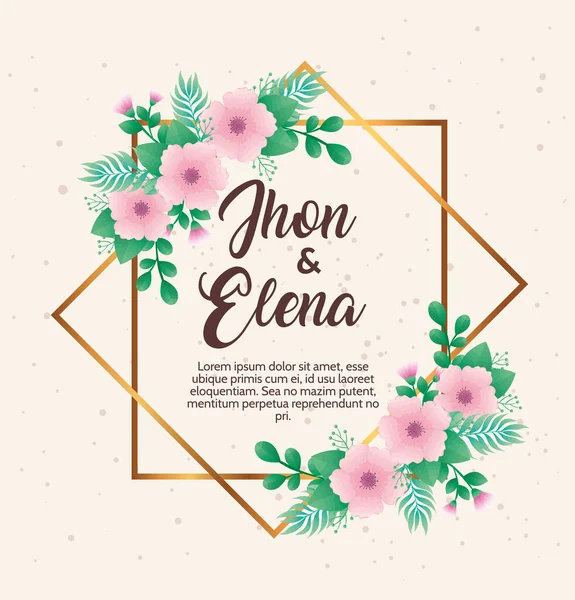 Invito di nozze con jhon ed elena lettering e cornice di fiori rosa — Vettoriale Stock