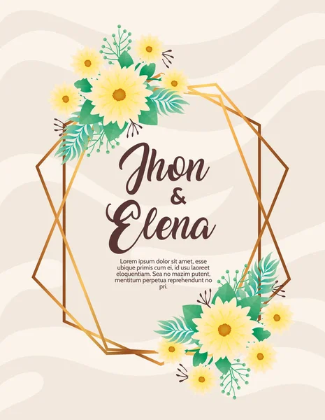 Invitation de mariage avec lettrage jhon et elena et fleurs jaunes — Image vectorielle