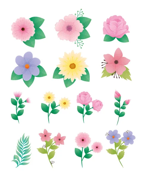 Fascio di quattordici bei fiori e foglie icone decorative — Vettoriale Stock