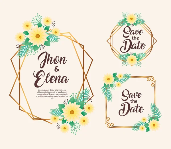 Inviti di nozze con cornici gialle floreali e dorate — Vettoriale Stock