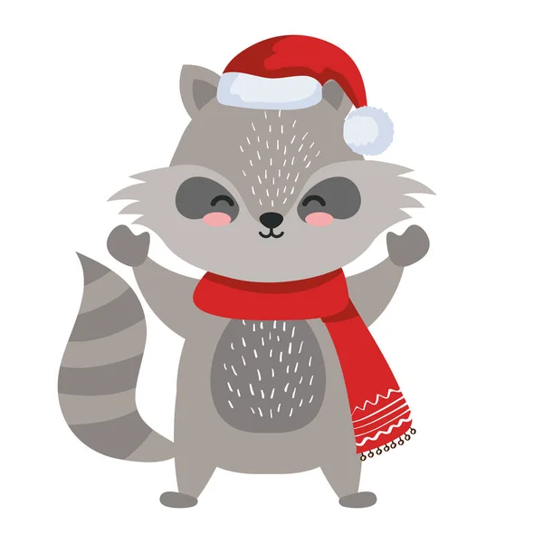 Raccoon cartoon with merry christmas hat vector design — Stock Vector