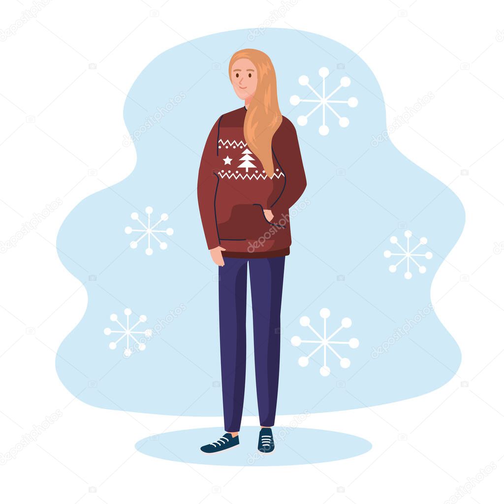 woman with merry christmas brown sweater vector design